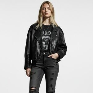 Whimsigoth Edgy Vintage Black Genuine Leather Cropped Moto Biker Jacket Textured